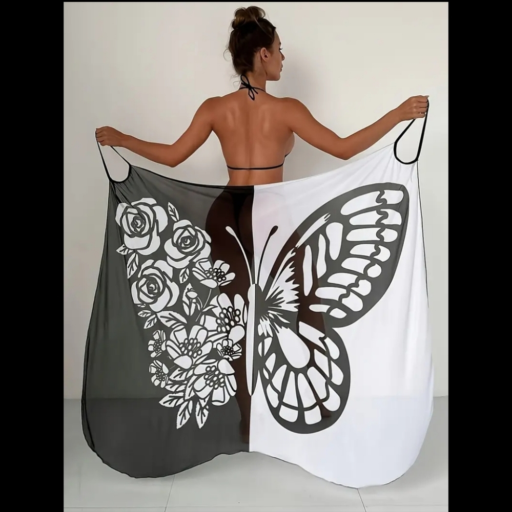 Sexy Sheer Black & White Floral Butterfly 🦋 Beach Wrap Cover-Up⛱️